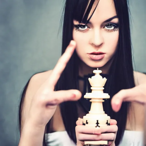 Image similar to young seductive beautiful emo girl with a chess piece in her hands. highly detailed photography of a famous actress
