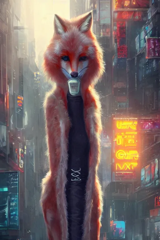 Image similar to beautiful portrait of a tall white female anthro fox smoking a cigarette towering head and shoulders above the bustling crowd of a rainy city street around her, cyberpunk clothes, harsh neon lights, highly detailed, sharp focus, digital painting, illustration, trending on artstation, art by sakimichan, wlop, greg rutkowski