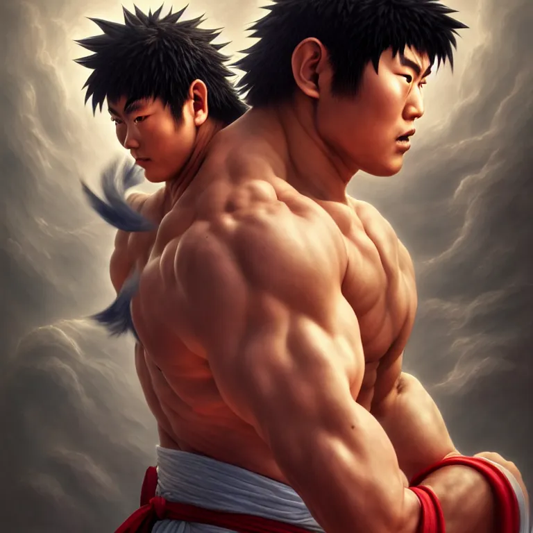 Image similar to ryu from street fighter in japan, dream - like atmosphere, symmetrical baroque painting, perfect composition, beautiful detailed intricate insanely detailed octane render trending on artstation, 8 k artistic photography, photorealistic, soft natural volumetric cinematic perfect light, chiaroscuro, award - winning photograph, masterpiece, raphael, caravaggio, greg rutkowski, beeple