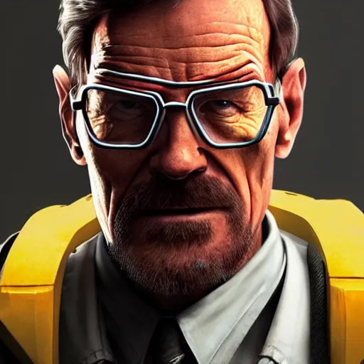 Image similar to Bryan Cranston dressed up as Gordon Freeman for Half Life Movie film still, 4k resolution, 8k resolution, HD Quality, highly detailed, very detailed, detailed, studio quality lighting, digital art, trending on artstation, film still