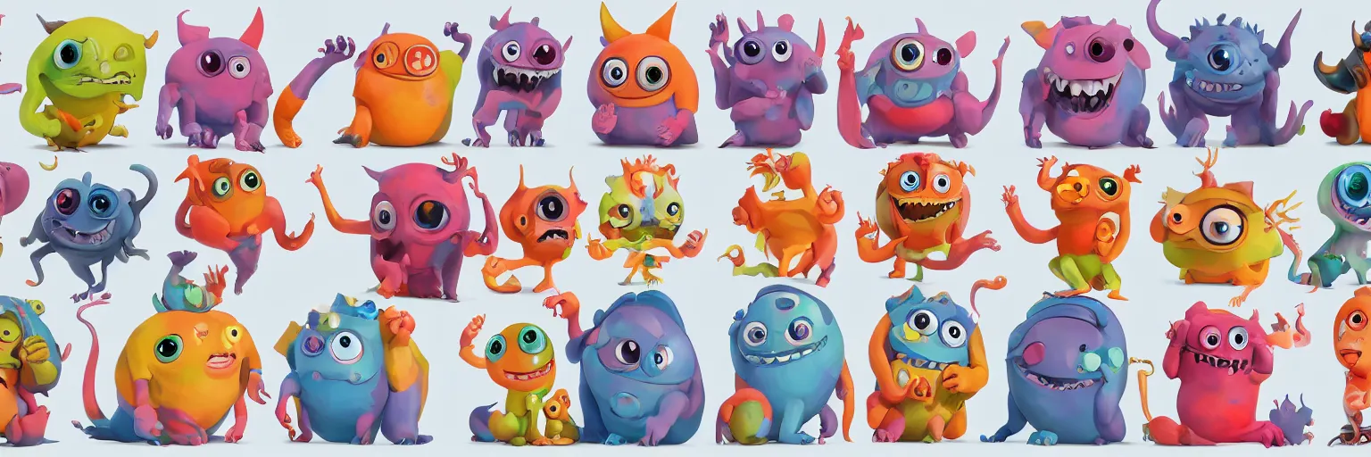 Prompt: concept sheet of cute colorful 3 d family monster characters for kids assisting a concept machine style by miyazaki, big eyes, simple smooth shapes and forms, reflective like candy, masterpiece, award - winning, intricate concept art, 8 k, artstation