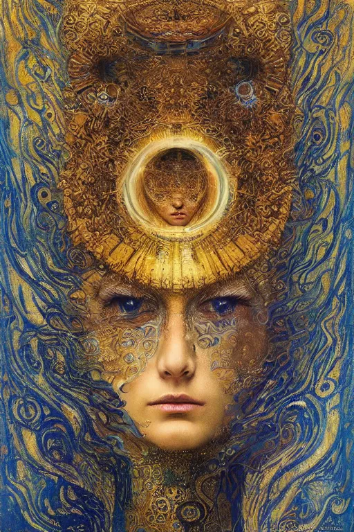 Prompt: Machinery of Fate by Karol Bak, Jean Deville, Gustav Klimt, and Vincent Van Gogh, otherworldly, fractal structures, ornate gilded medieval icon, third eye, spirals