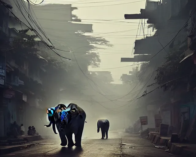 Image similar to An elephant walking down a street in Guwahati city. By Greg Rutkowski, trending on ArtStattion