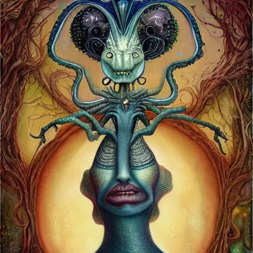 Image similar to surreal portrait of alien wizardess, artwork by Daniel Merriam,