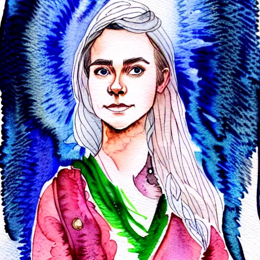 Prompt: a beautiful and very detailed character concept watercolour portrait of sanna!!!!! marin!!!!!, the young female prime minister of finland as a druidic wizard