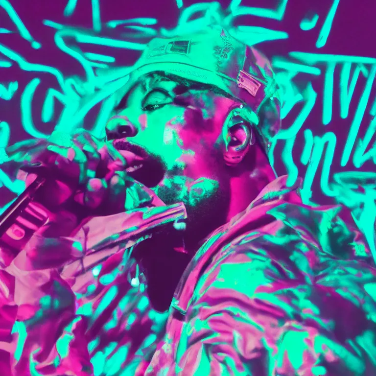 Prompt: close-up of rapper performing, vaporwave, detailed, 4k