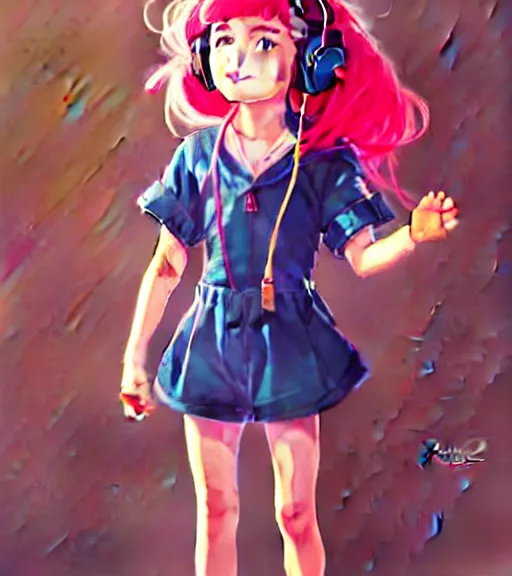 Image similar to beautiful little girl character inspired by 9 0's fashion and by madeline from celeste, art by rossdraws, wlop, ilya kuvshinov, artgem lau, sakimichan and makoto shinkai, concept art, headphones