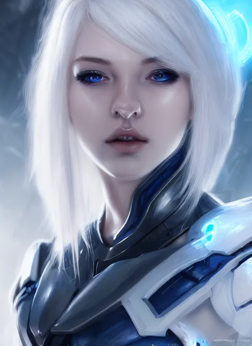 Image similar to detailed portrait of perfect white haired girl, android, warframe armor, beautiful, pretty face, blue cyborg eyes, innocent, scifi, 4 k, sun yunjoo, ultra realistic, aura of light, cinematic lighting, highly detailed, sharp focus, artstation, masterpiece, art by hyungjin yang