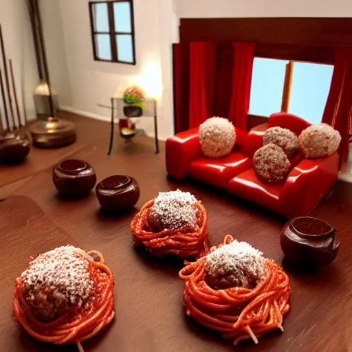 Image similar to spaghetti and meatballs shaped into a living room set