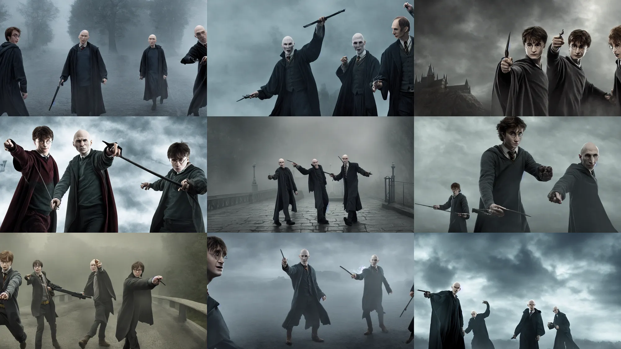 Prompt: harry potter and voldemort pointing guns!!! at each other on a bridge with mist, moody lighting, dark, expressive, realistic, 4 k, realism