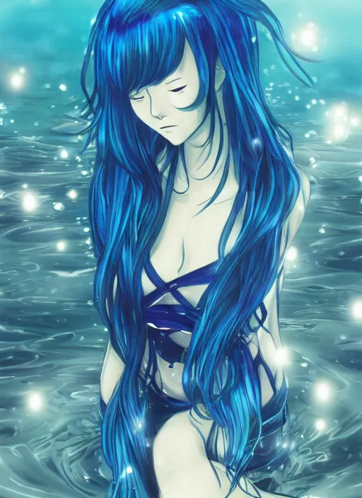 Image similar to a woman with blue hair sitting underwater, a beautiful anime drawing by yuumei, featured on pixiv, pixiv, seapunk, very anime anime!! detailed