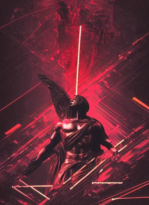 Image similar to dark design poster showing a close up of a statue of achilles, black background with very subtle red and purple design elements, powerful, nekro, vito acconci, thin straight lines, dark, glitch art, neo vaporwave, gritty, layout frame, square, extremly detailed, trending on artstation