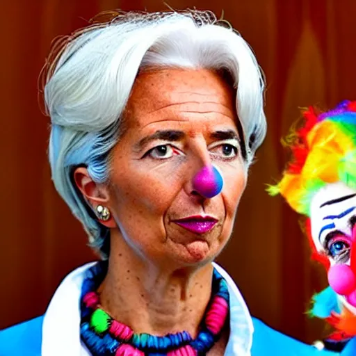 Image similar to Christine Lagarde with colorful clown makeup all over her face