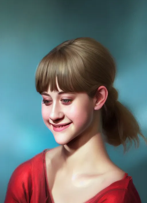 Image similar to portrait of teenage lili reinhart with bangs, smiling kindly, bangs, 1 9 6 0 s, ponytail, bangs and ponytail, intricate, elegant, glowing lights, highly detailed, digital painting, artstation, concept art, smooth, sharp focus, illustration, art by wlop, mars ravelo and greg rutkowski