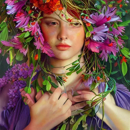 Image similar to a bouquet of surreal big colorful transparent entangled flowers, wild foliage, vivid, detailed painting, by JC Leyendecker, WLOP, artgerm and James Jean, masterpiece, award winning painting