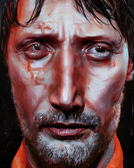 Prompt: mads mikkelson as clifford unger from death stranding, tears of tar, mysterious portrait, oil painting, orange fill light