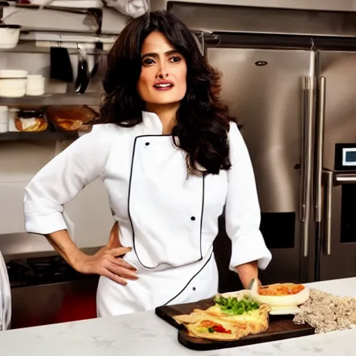 Image similar to salma hayek modeling for a cooking show with food, in a kitchen, next to a person made of meat