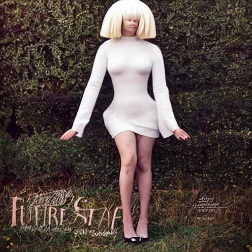 Image similar to Sia furler photoshoot wearing a dress full body puffy wig