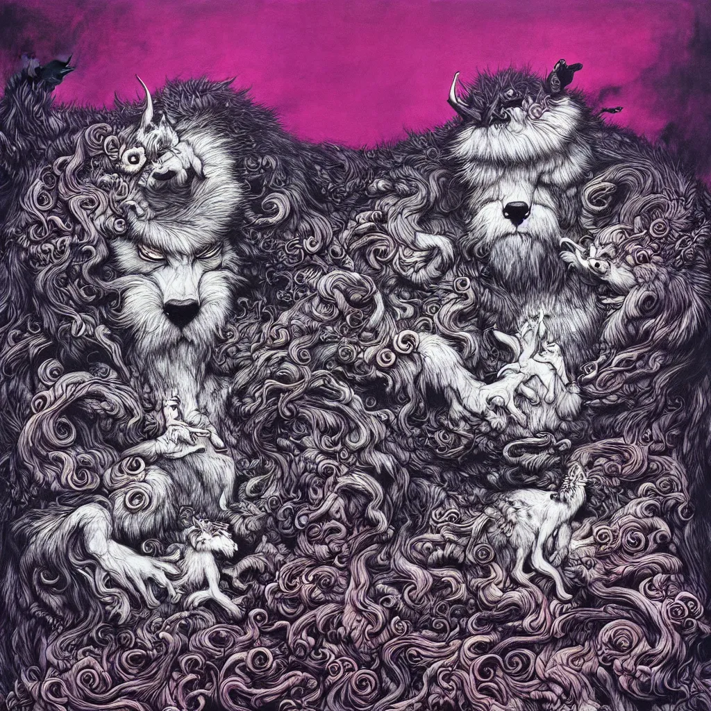 Image similar to monster of fur and black oil by james jean, photoillustration, mystical baroque, pastel synthwave