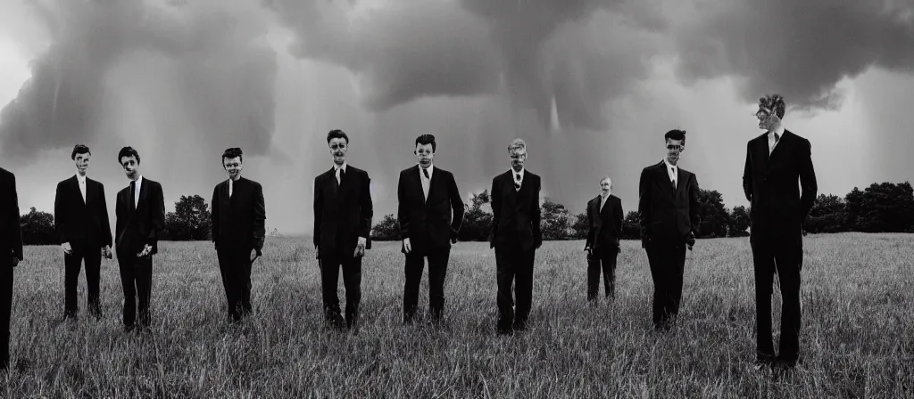 Image similar to 1 3 mm film photograph of a group of tall suited men in a field, liminal, dark, thunderstorm lightning, dark, flash on, blurry, grainy, unsettling