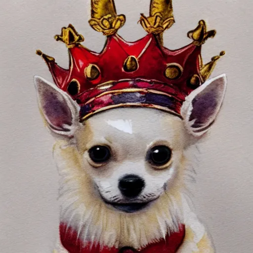 Prompt: fluffy white chihuahua king wearing a red and gold crown cinematic composition, watercolor, cute