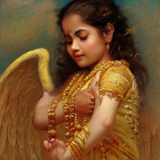 Image similar to detailed portrait of hindu traditional girl with angel wings coming down to earth in baroque painting, girl graceful, eyes closed, painting by gaston bussiere, craig mullins, j. c. leyendecker