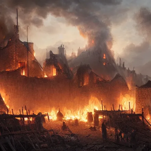 Image similar to a portrait of an village getting burned down by vikings, Matte painting , detailed painting, made by Greg Rutkowski, 4k resolution, atmospheric, extremely high detail