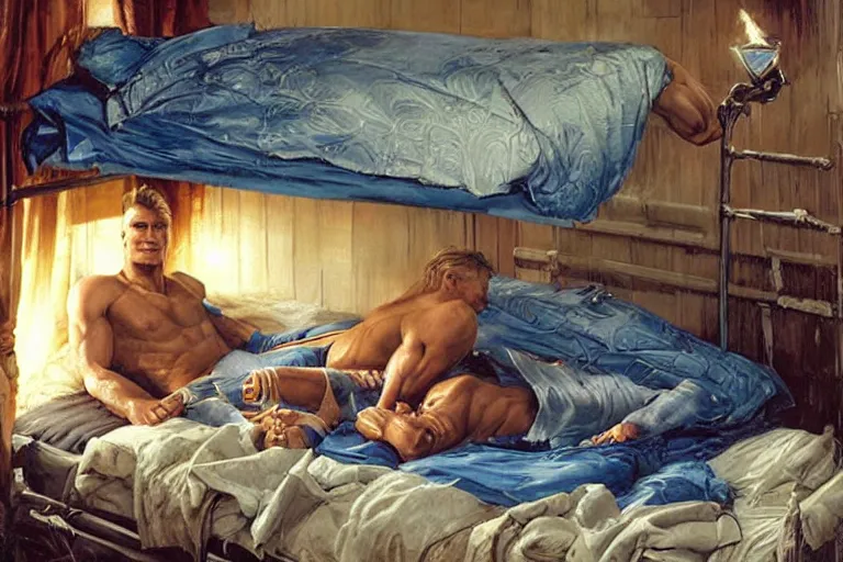 Image similar to portrait of dolph lundgren and slyvester stalone sleeping in bunk beds 1 9 9 4, an oil painting by ross tran and thomas kincade