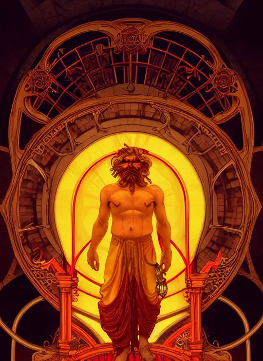 Image similar to the god hephaestus, old man, fiery hair, glowing eyes, volumetric lights, yellow and red scheme, art nouveau botanicals, gothic, intricate, highly detailed, digital painting, artstation, concept art, smooth, sharp focus, symmetric face, illustration, steampunk, art by artgerm and greg rutkowski and alphonse mucha