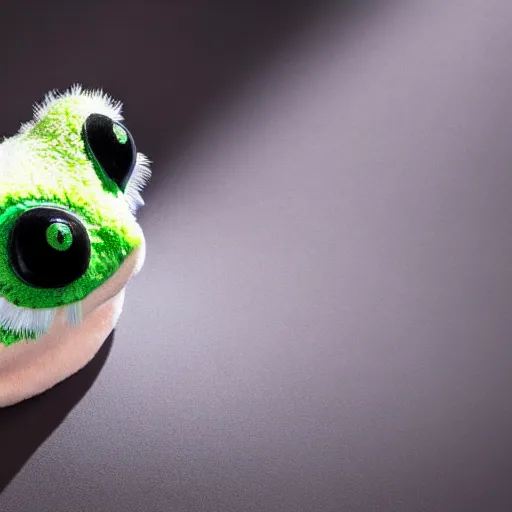 Prompt: a cute fuzzy frog plushy with large cartoon eyes, studio lighting, 4K photograph