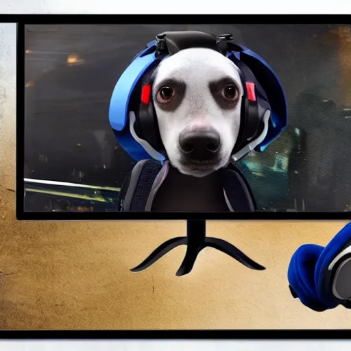 Prompt: a cute dog playing valorant, the dog is wearing a headset, dog is facing the monitor, we can see a man holding a gun in valorant on the screen