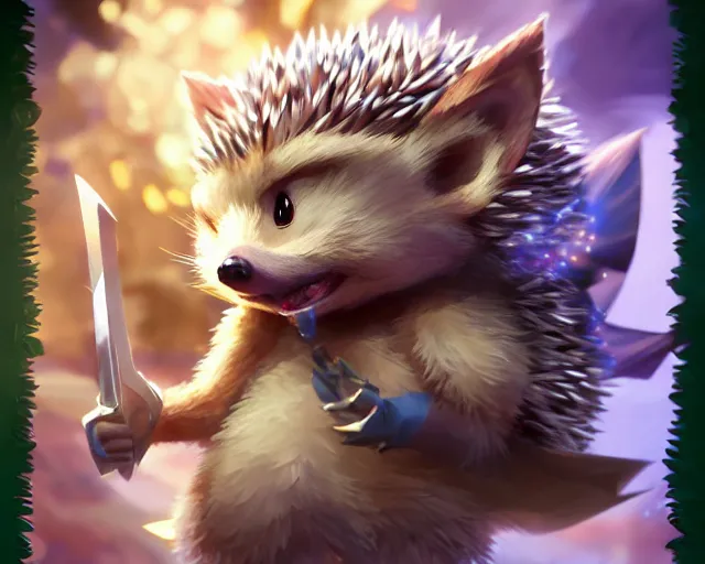 Prompt: a super cute anthropomorphic hedgehog from final fantasy, outside a big pokemon sword and shield school, deep focus, d & d, fantasy, intricate, elegant, highly detailed, digital painting, artstation, concept art, matte, sharp focus, illustration, hearthstone, art by artgerm and greg rutkowski and alphonse mucha