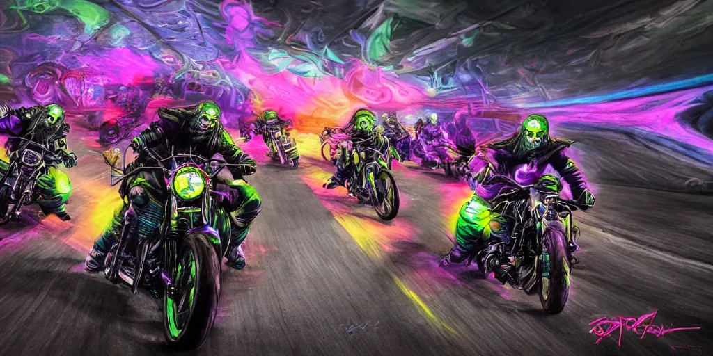 Image similar to psychedelic blacklight airbrush artwork, motorcycles, hyper stylized action shot of orc bikers racing on motorcycles, menacing orcs, drifting, skidding, wheelie, clear focused details, soft airbrushed artwork, black background, cgsociety, artstation