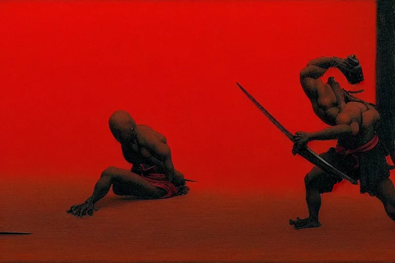 Image similar to only with red, a red samurai do seppuku, tokio, a lot of frogs watch, in the style of beksinski, parts by edward hopper, parts by rodcenko, parts by yue minjun, intricate and epic composition, red by caravaggio, insanely quality, highly detailed, masterpiece, red light, artstation, 4 k