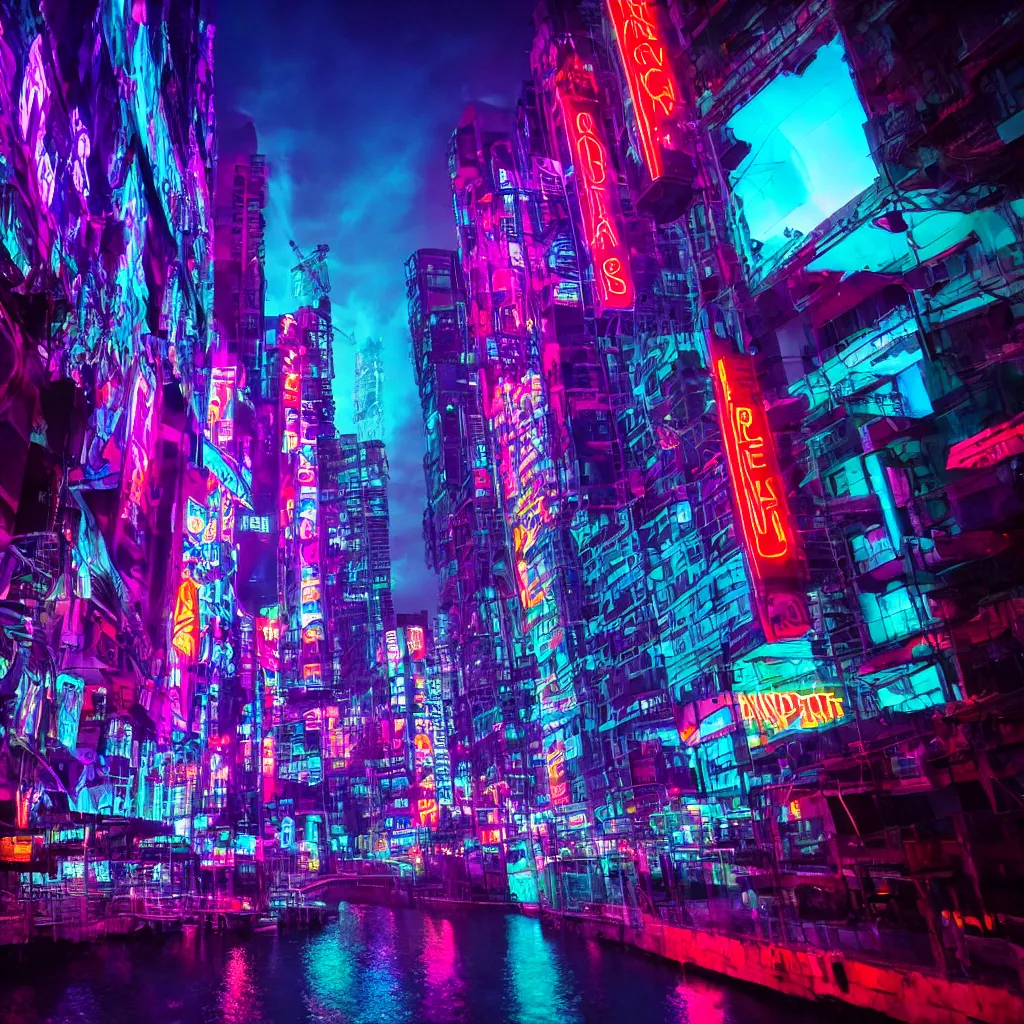 Image similar to underwater, city, neon lights