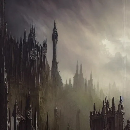 Image similar to an ultra detailed tarot card of a lonely and impossibly tall ominous gothic dark citadel tower of the evil patriarch, elevated high above the city, in a river elevated high above the city, fantasy capital city, ultrawide lense, aerial photography, scary thunderstorm, light fog, volumetric lighting, exquisite detail, 8 k, art by greg rutkowski and alphonse mucha