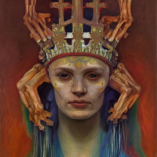 Image similar to the crown of madness and bones, by Annie Swynnerton and Nicholas Roerich and Diego Rivera, bioluminescent skin, elaborate costume, geometric ornament, symbolist, cool colors, smooth, sharp focus, extremely detailed