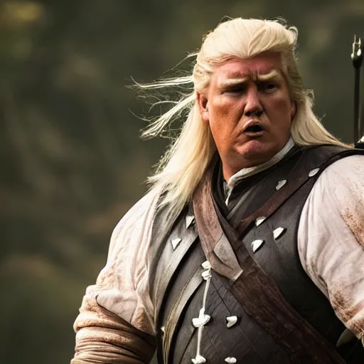 Image similar to fat version of donald trump riding a horse as geralt of rivia from the witcher movie, dramatic film still, details, sigma 7 5 mm, 4 k