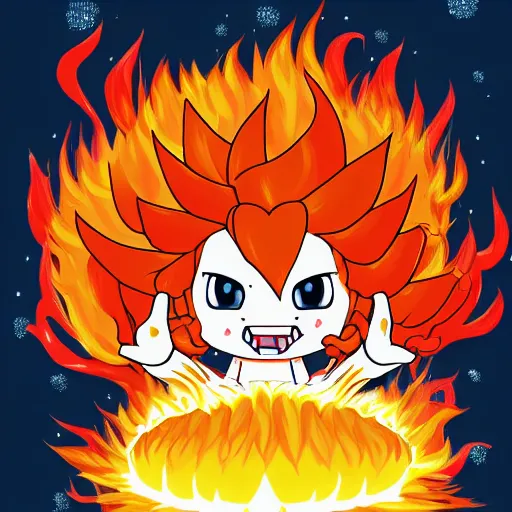 Prompt: fluffy exploding popcorn elemental spirit, in the style of a manga character, with a smiling face and flames for hair, sitting on a lotus flower, clean composition, symmetrical