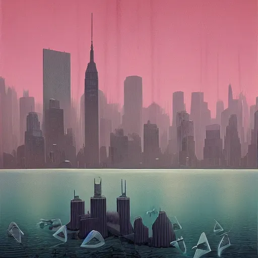 Image similar to New York under water by Simon Stålenhag and Grant Wood