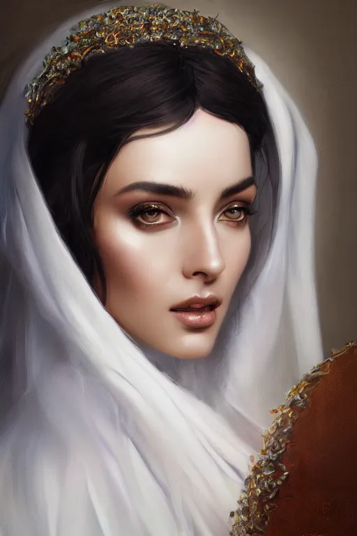 Image similar to ameera al taweel woman , bright blue eyes, wavy black hair, white veil, closeup, cinnamon skin color, elegant, highly detailed, centered, oil painting, artstation, concept art by tom bagshaw