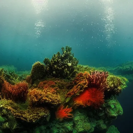 Image similar to Photograph of a gigantic city underwater, photo-realistic, colorful, seaweed, dark, smog, complex,