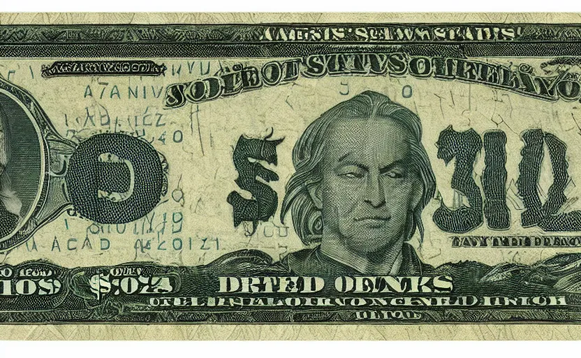 Prompt: rectangular photograph of six dollar u. s. currency note featuring dragon ball z goku