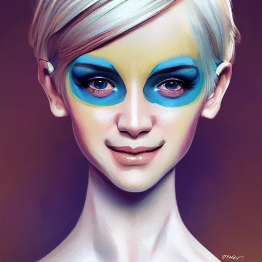 Image similar to android robot woman face painting, looking straight to camera, blond hair, muted colors, matte print, pastel colors, ornate, digital art, cute smile, winning artwork, digital painting, professional art, elegant, by Ilya Kuvshinov, by artgerm