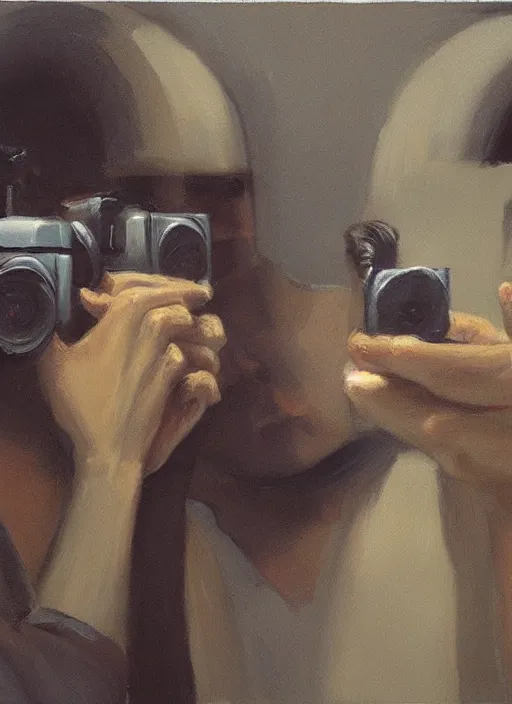 Image similar to two people holding cameras and facing each other, soft edges, calm serene painting, ralph maquarrie