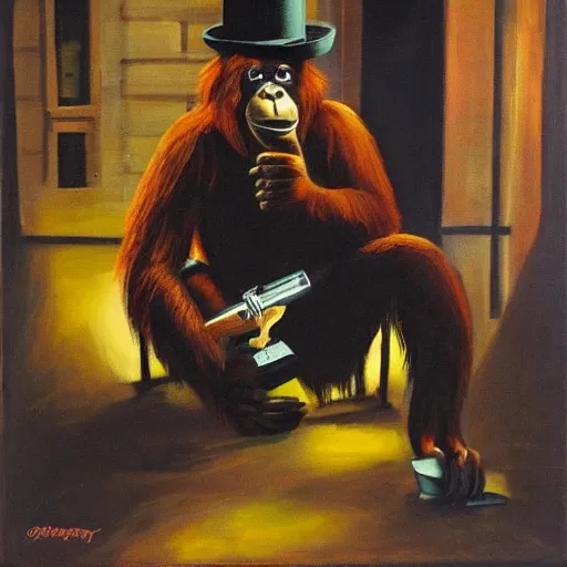 Prompt: orangutan in mafia suit with bowler hat and tommy gun smoking a cigar, dark street scene at night