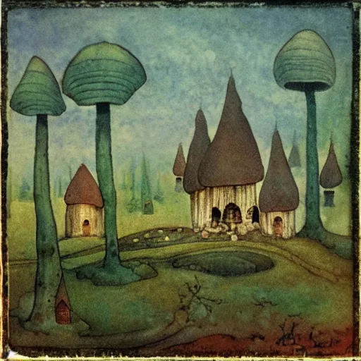 Prompt: a fairytale landscape with mushroom houses, in the style of John Bauer,