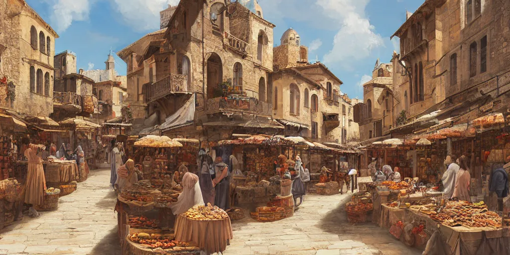 Prompt: a busy medieval Mediterranean street market in the style of Sylvain Sarrailh, Greek islands, old terracotta roofs, narrow streets, stone steps, character design, whitewashed buildings, old port, hanging fabric, bartering merchants, beautiful digital art, cinematic composition, detailed, concept art, Matt painting, oil painting, high res