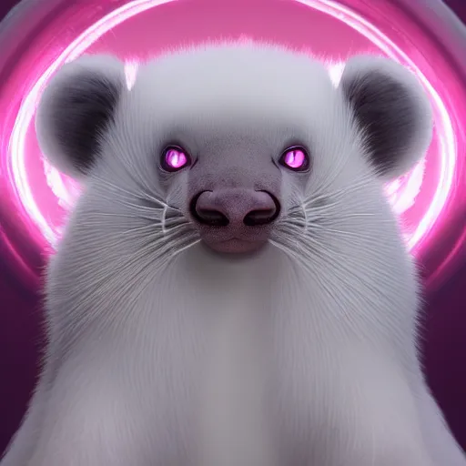 Prompt: white mink with pink nimbus of pink bacteria circle around the neck art by amano yoshitaka unreal engine hd 8k starring at camera symmetrical mink matte background