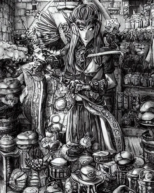 Image similar to A merchant selling treasuries and potions, high detailed store, black and white, fantasy art, goblin art, in the style of masami kurumada, illustration, epic, fantasy, intricate, hyper detailed, artstation, concept art, smooth, sharp focus, ray tracing